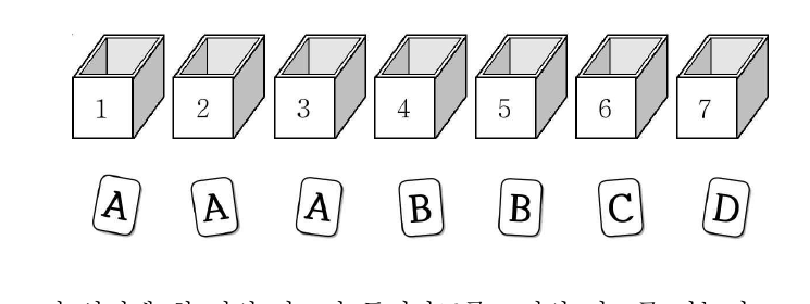 1부터 7까지 번호가 있는 상자와 A, A, A, B, B, C, D 카드
