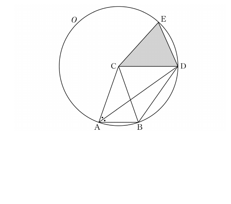 원 O 위의 점 A, B, D, E와 중심 C 및 삼각형 CDE