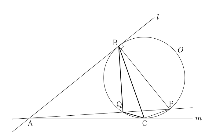 원 O와 접선 l, m 및 점 A, B, C, P, Q의 배치